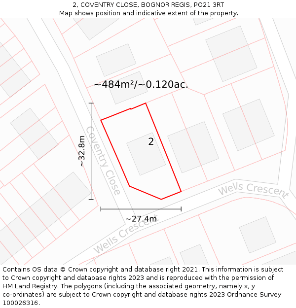 2, COVENTRY CLOSE, BOGNOR REGIS, PO21 3RT: Plot and title map