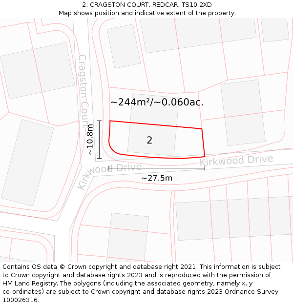 2, CRAGSTON COURT, REDCAR, TS10 2XD: Plot and title map