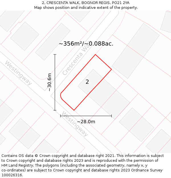 2, CRESCENTA WALK, BOGNOR REGIS, PO21 2YA: Plot and title map