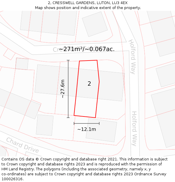 2, CRESSWELL GARDENS, LUTON, LU3 4EX: Plot and title map