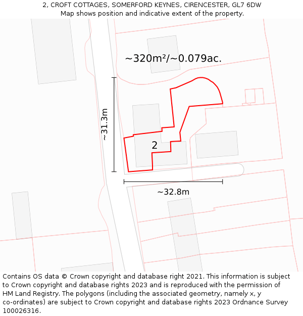 2, CROFT COTTAGES, SOMERFORD KEYNES, CIRENCESTER, GL7 6DW: Plot and title map
