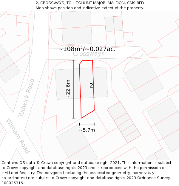 2, CROSSWAYS, TOLLESHUNT MAJOR, MALDON, CM9 8FD: Plot and title map