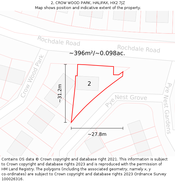 2, CROW WOOD PARK, HALIFAX, HX2 7JZ: Plot and title map