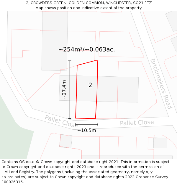 2, CROWDERS GREEN, COLDEN COMMON, WINCHESTER, SO21 1TZ: Plot and title map