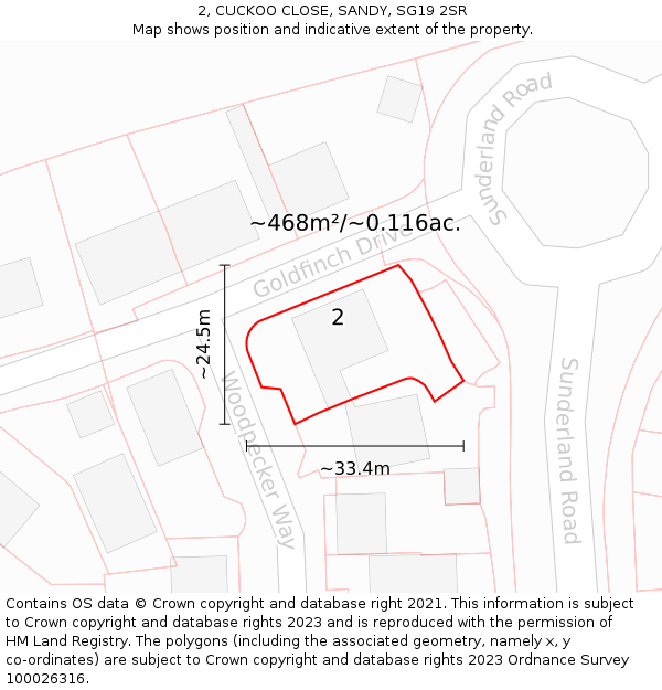 2, CUCKOO CLOSE, SANDY, SG19 2SR: Plot and title map