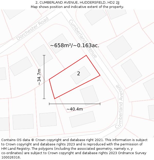 2, CUMBERLAND AVENUE, HUDDERSFIELD, HD2 2JJ: Plot and title map