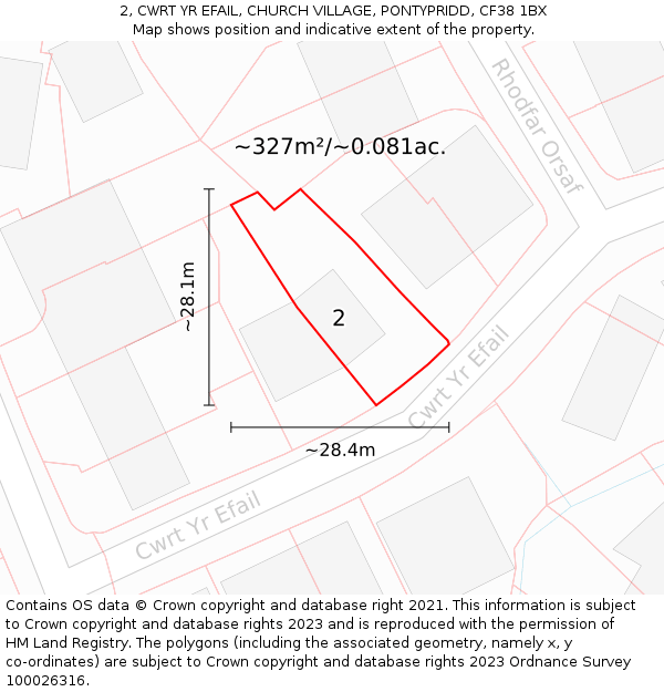 2, CWRT YR EFAIL, CHURCH VILLAGE, PONTYPRIDD, CF38 1BX: Plot and title map