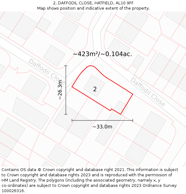 2, DAFFODIL CLOSE, HATFIELD, AL10 9FF: Plot and title map