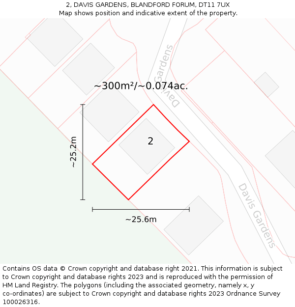 2, DAVIS GARDENS, BLANDFORD FORUM, DT11 7UX: Plot and title map