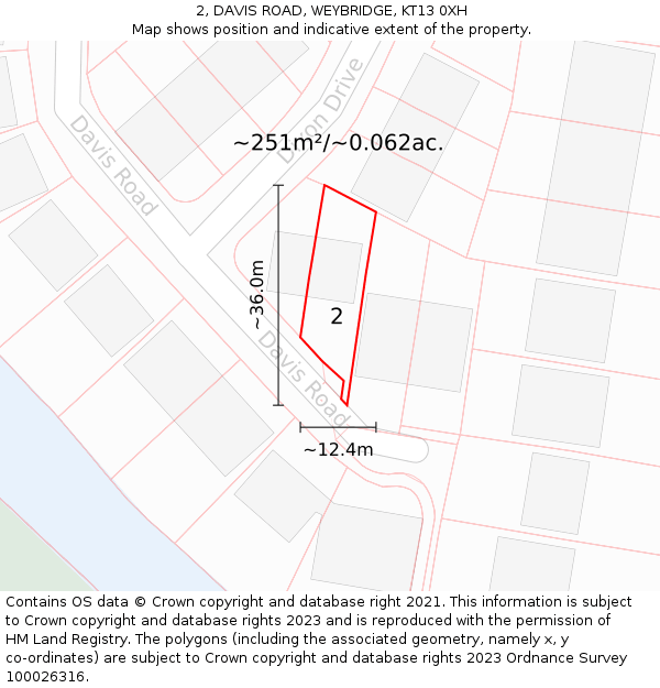 2, DAVIS ROAD, WEYBRIDGE, KT13 0XH: Plot and title map