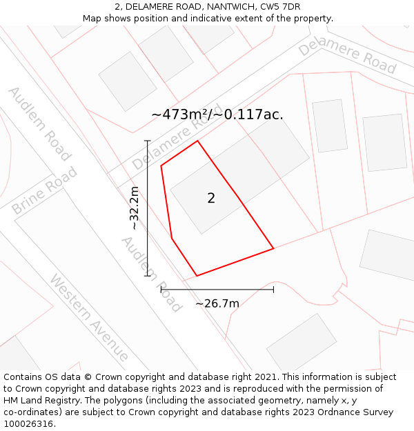 2, DELAMERE ROAD, NANTWICH, CW5 7DR: Plot and title map