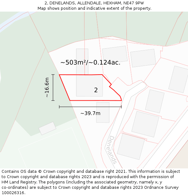 2, DENELANDS, ALLENDALE, HEXHAM, NE47 9PW: Plot and title map