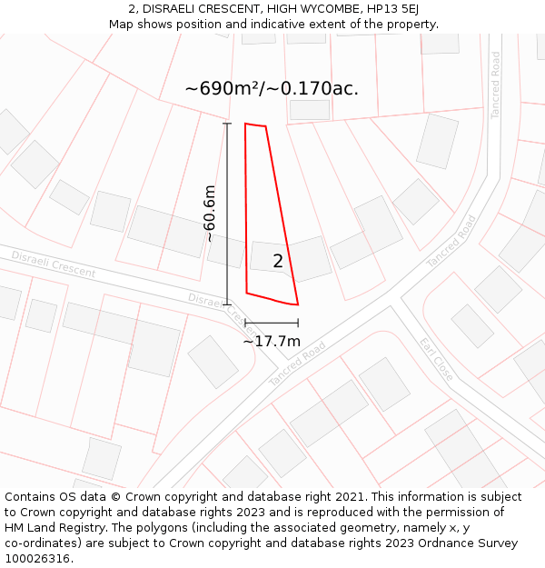 2, DISRAELI CRESCENT, HIGH WYCOMBE, HP13 5EJ: Plot and title map