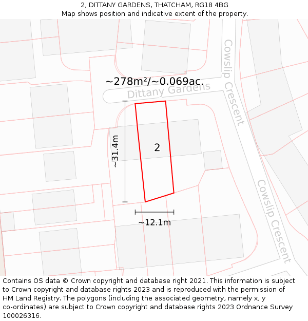 2, DITTANY GARDENS, THATCHAM, RG18 4BG: Plot and title map