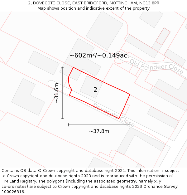 2, DOVECOTE CLOSE, EAST BRIDGFORD, NOTTINGHAM, NG13 8PR: Plot and title map