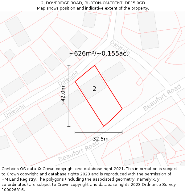 2, DOVERIDGE ROAD, BURTON-ON-TRENT, DE15 9GB: Plot and title map