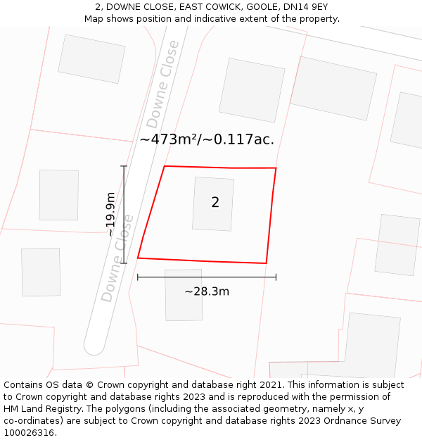 2, DOWNE CLOSE, EAST COWICK, GOOLE, DN14 9EY: Plot and title map