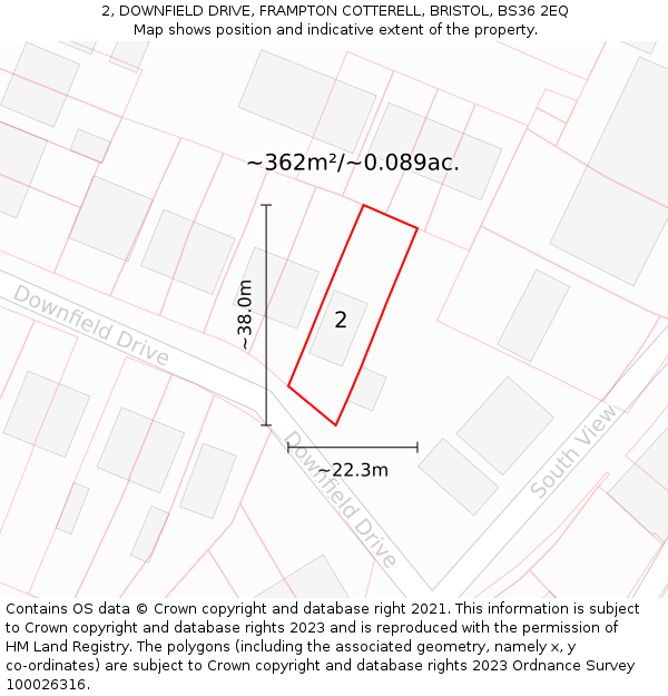 2, DOWNFIELD DRIVE, FRAMPTON COTTERELL, BRISTOL, BS36 2EQ: Plot and title map