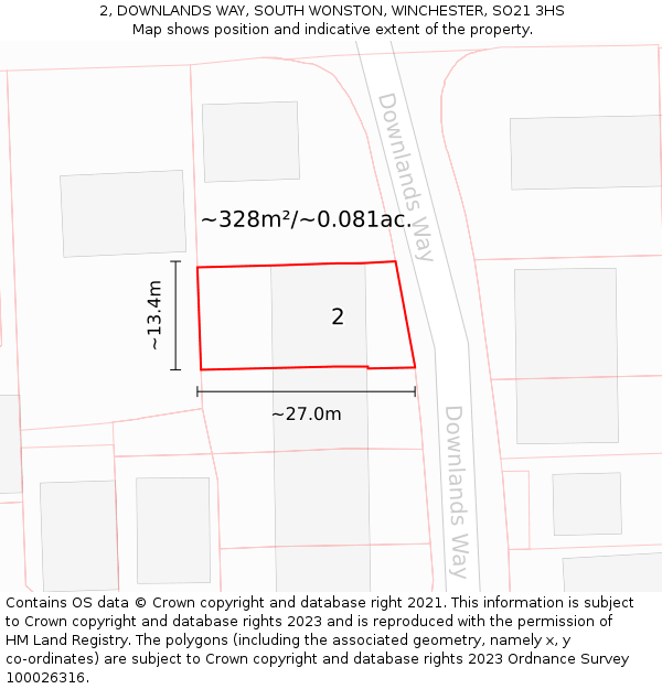 2, DOWNLANDS WAY, SOUTH WONSTON, WINCHESTER, SO21 3HS: Plot and title map