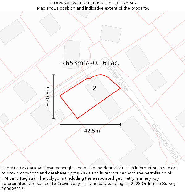 2, DOWNVIEW CLOSE, HINDHEAD, GU26 6PY: Plot and title map