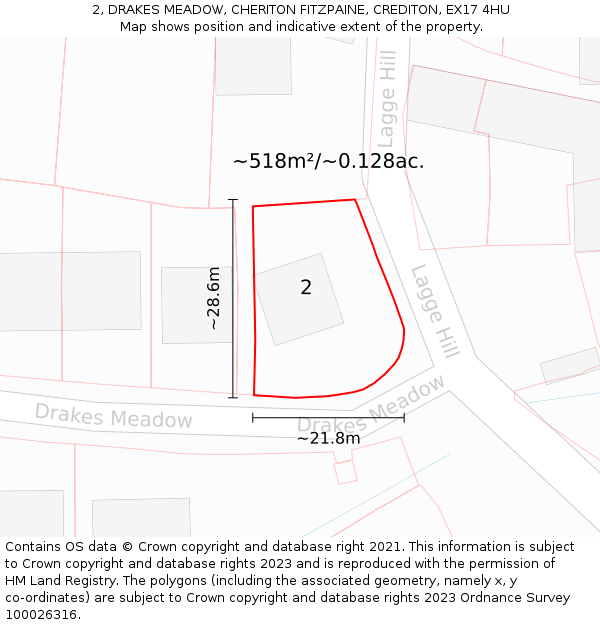 2, DRAKES MEADOW, CHERITON FITZPAINE, CREDITON, EX17 4HU: Plot and title map