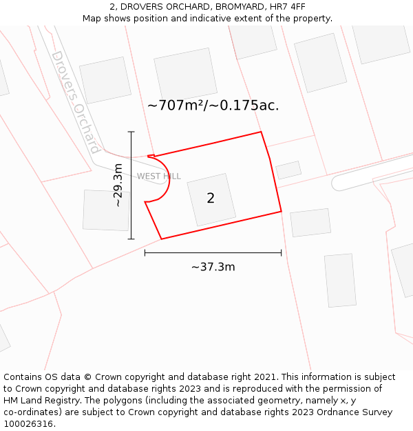 2, DROVERS ORCHARD, BROMYARD, HR7 4FF: Plot and title map