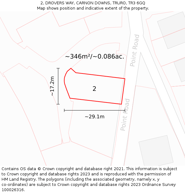 2, DROVERS WAY, CARNON DOWNS, TRURO, TR3 6GQ: Plot and title map