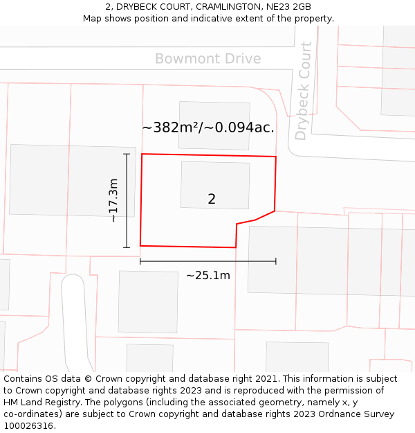 2, DRYBECK COURT, CRAMLINGTON, NE23 2GB: Plot and title map