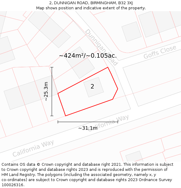 2, DUNNIGAN ROAD, BIRMINGHAM, B32 3XJ: Plot and title map