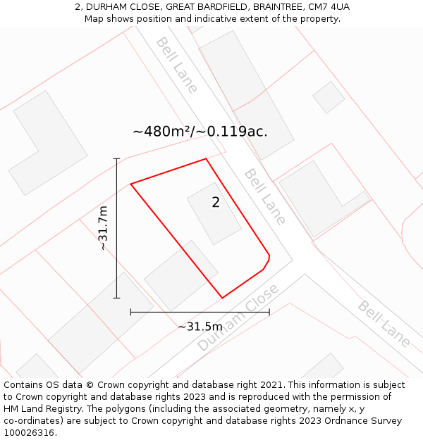 2, DURHAM CLOSE, GREAT BARDFIELD, BRAINTREE, CM7 4UA: Plot and title map