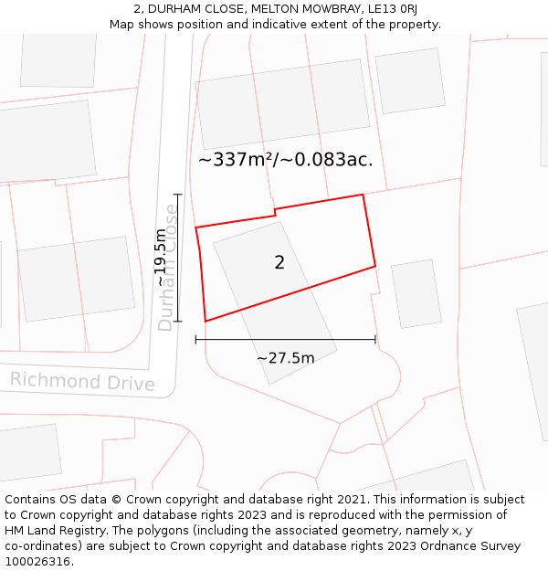 2, DURHAM CLOSE, MELTON MOWBRAY, LE13 0RJ: Plot and title map