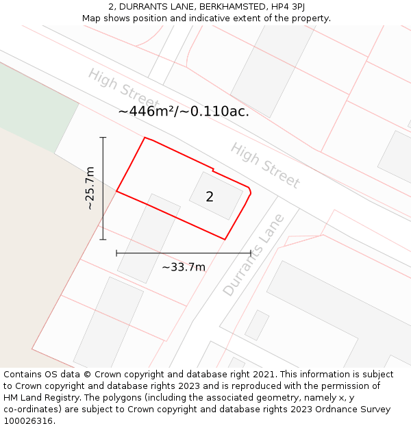 2, DURRANTS LANE, BERKHAMSTED, HP4 3PJ: Plot and title map