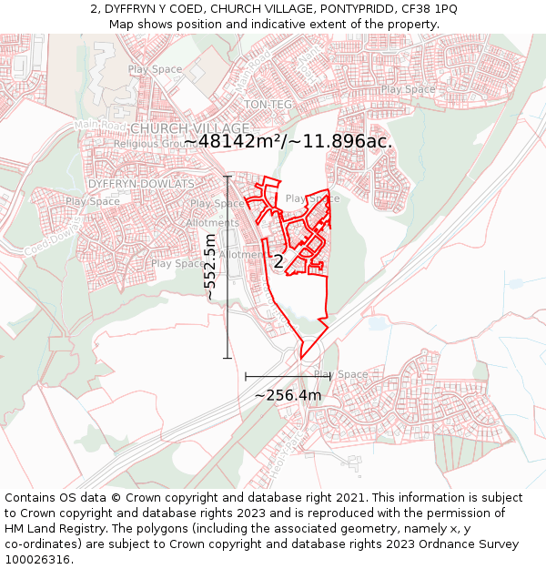 2, DYFFRYN Y COED, CHURCH VILLAGE, PONTYPRIDD, CF38 1PQ: Plot and title map