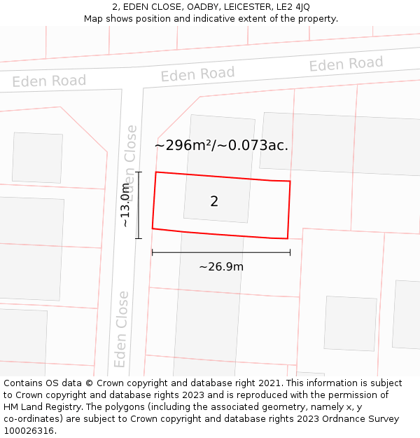 2, EDEN CLOSE, OADBY, LEICESTER, LE2 4JQ: Plot and title map