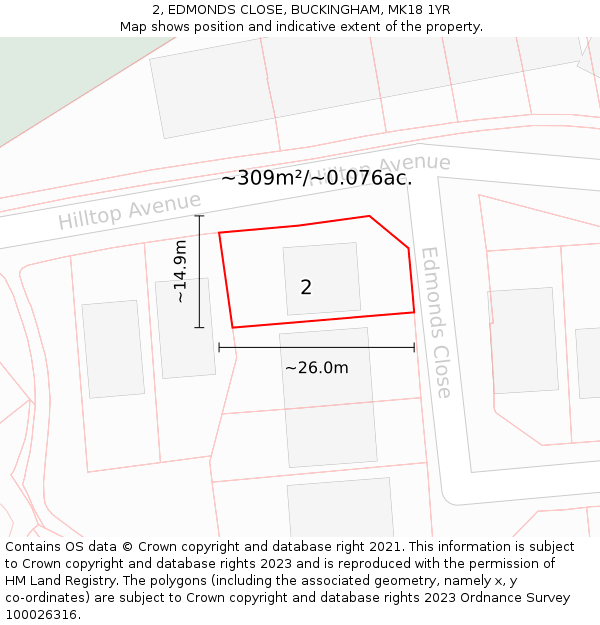 2, EDMONDS CLOSE, BUCKINGHAM, MK18 1YR: Plot and title map