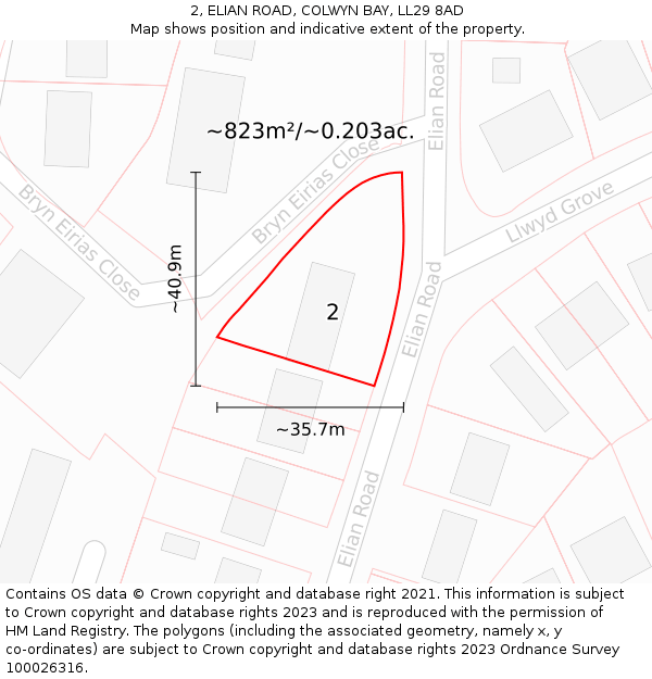 2, ELIAN ROAD, COLWYN BAY, LL29 8AD: Plot and title map