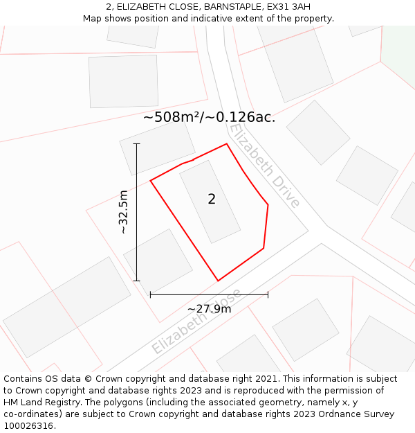 2, ELIZABETH CLOSE, BARNSTAPLE, EX31 3AH: Plot and title map