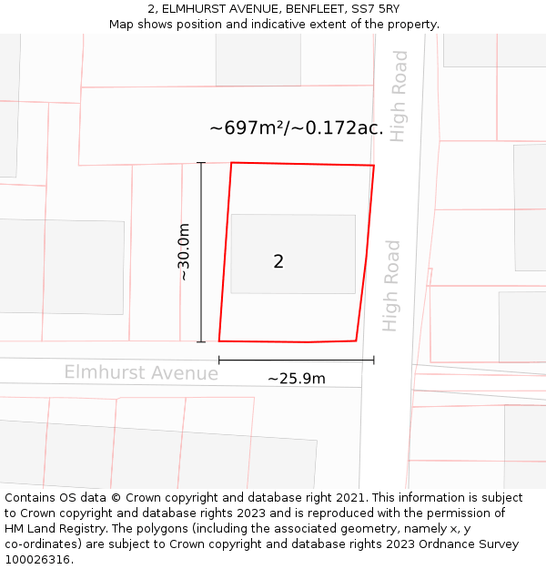 2, ELMHURST AVENUE, BENFLEET, SS7 5RY: Plot and title map