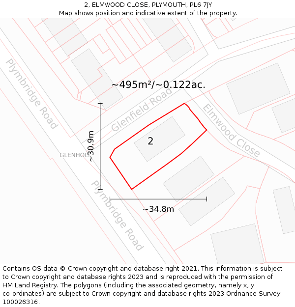 2, ELMWOOD CLOSE, PLYMOUTH, PL6 7JY: Plot and title map