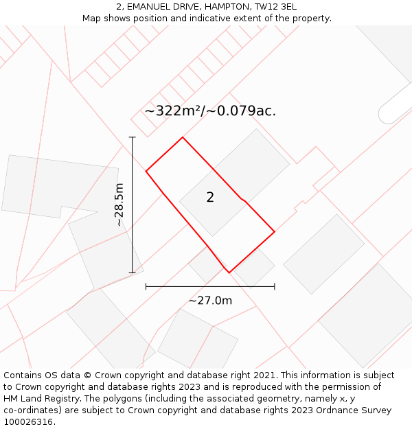 2, EMANUEL DRIVE, HAMPTON, TW12 3EL: Plot and title map