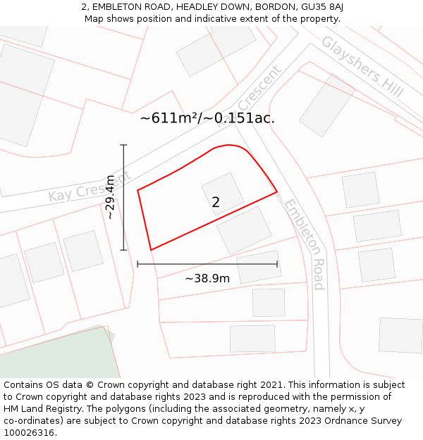 2, EMBLETON ROAD, HEADLEY DOWN, BORDON, GU35 8AJ: Plot and title map