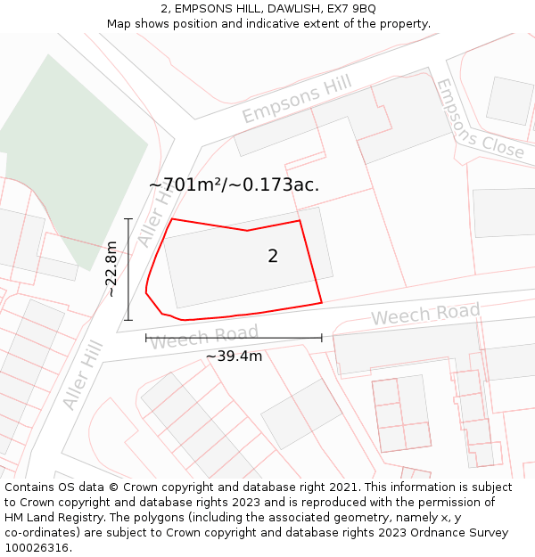 2, EMPSONS HILL, DAWLISH, EX7 9BQ: Plot and title map