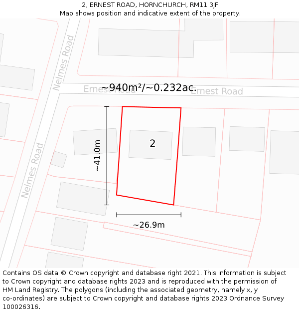 2, ERNEST ROAD, HORNCHURCH, RM11 3JF: Plot and title map