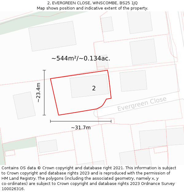 2, EVERGREEN CLOSE, WINSCOMBE, BS25 1JQ: Plot and title map