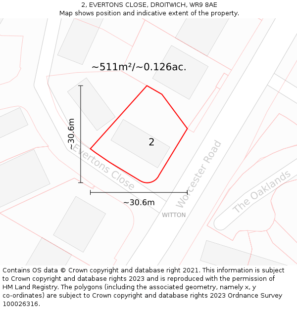 2, EVERTONS CLOSE, DROITWICH, WR9 8AE: Plot and title map