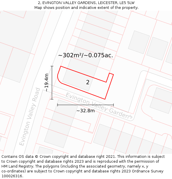 2, EVINGTON VALLEY GARDENS, LEICESTER, LE5 5LW: Plot and title map