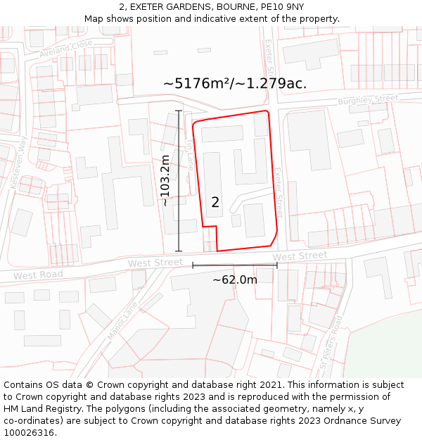 2, EXETER GARDENS, BOURNE, PE10 9NY: Plot and title map