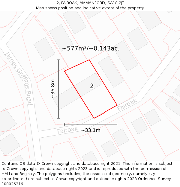 2, FAIROAK, AMMANFORD, SA18 2JT: Plot and title map