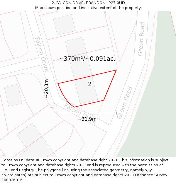 2, FALCON DRIVE, BRANDON, IP27 0UD: Plot and title map