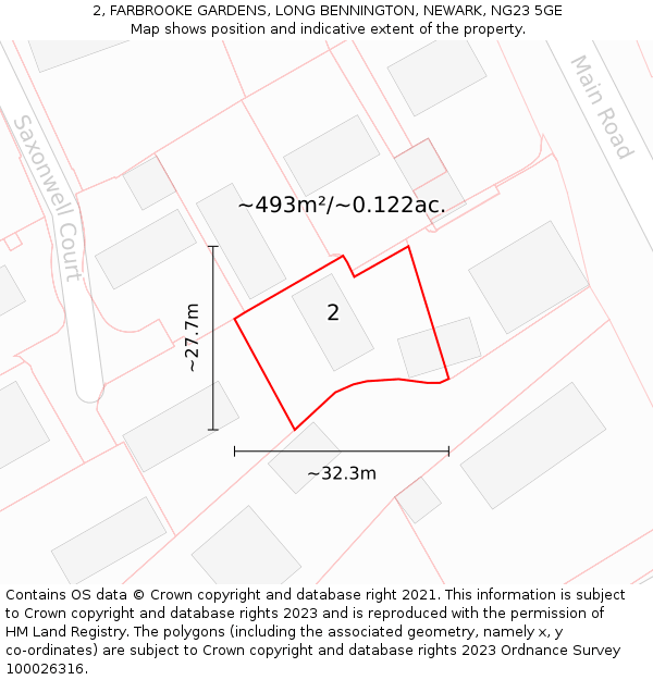 2, FARBROOKE GARDENS, LONG BENNINGTON, NEWARK, NG23 5GE: Plot and title map